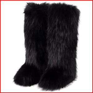 Women's Faux Fur Knee High Snow Boots Winter Warm Fluffy Flat Boots